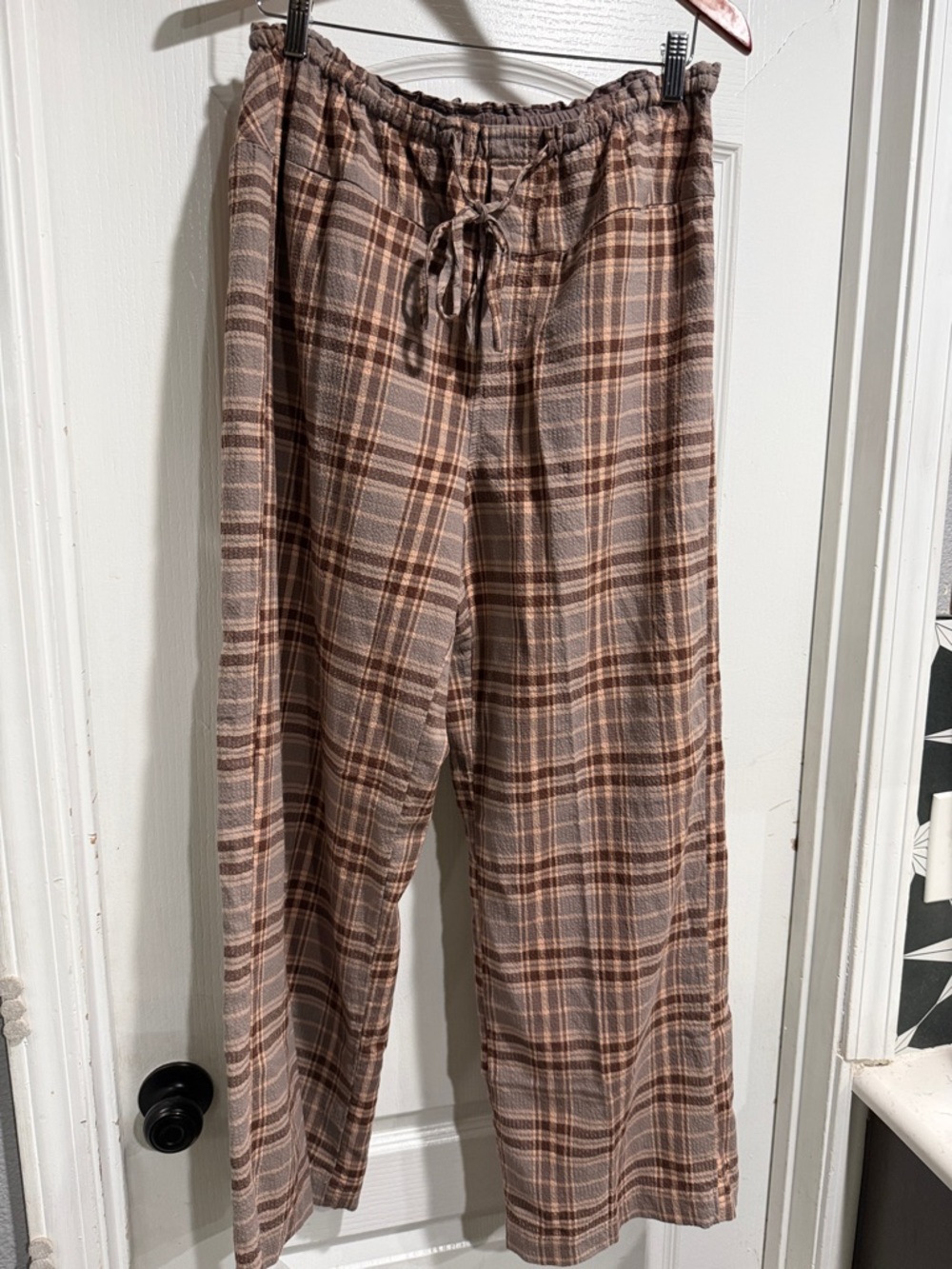 Free People Plaid Drawstring Lounge Pants in Taupe and Brown